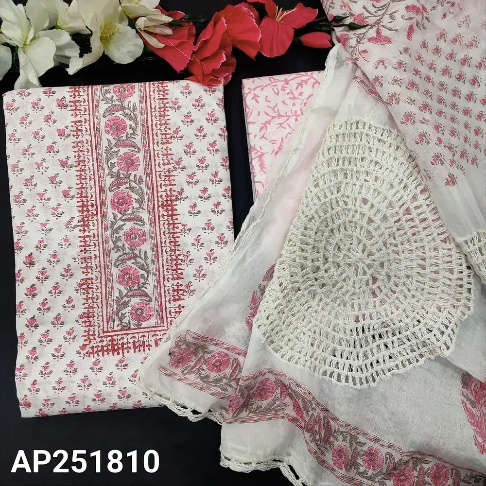 Half White & Pink Block Printed Cotton Salwar Material with Dupatta