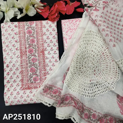 Half White & Pink Block Printed Cotton Salwar Material with Dupatta