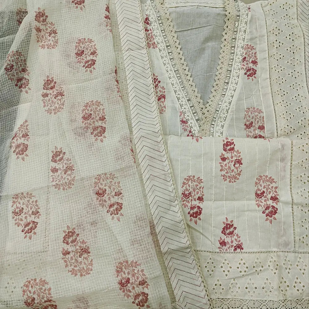 CODE FB252710: Half white PINK block printed premium cotton unstitched salwar material collared v neck with real mirror