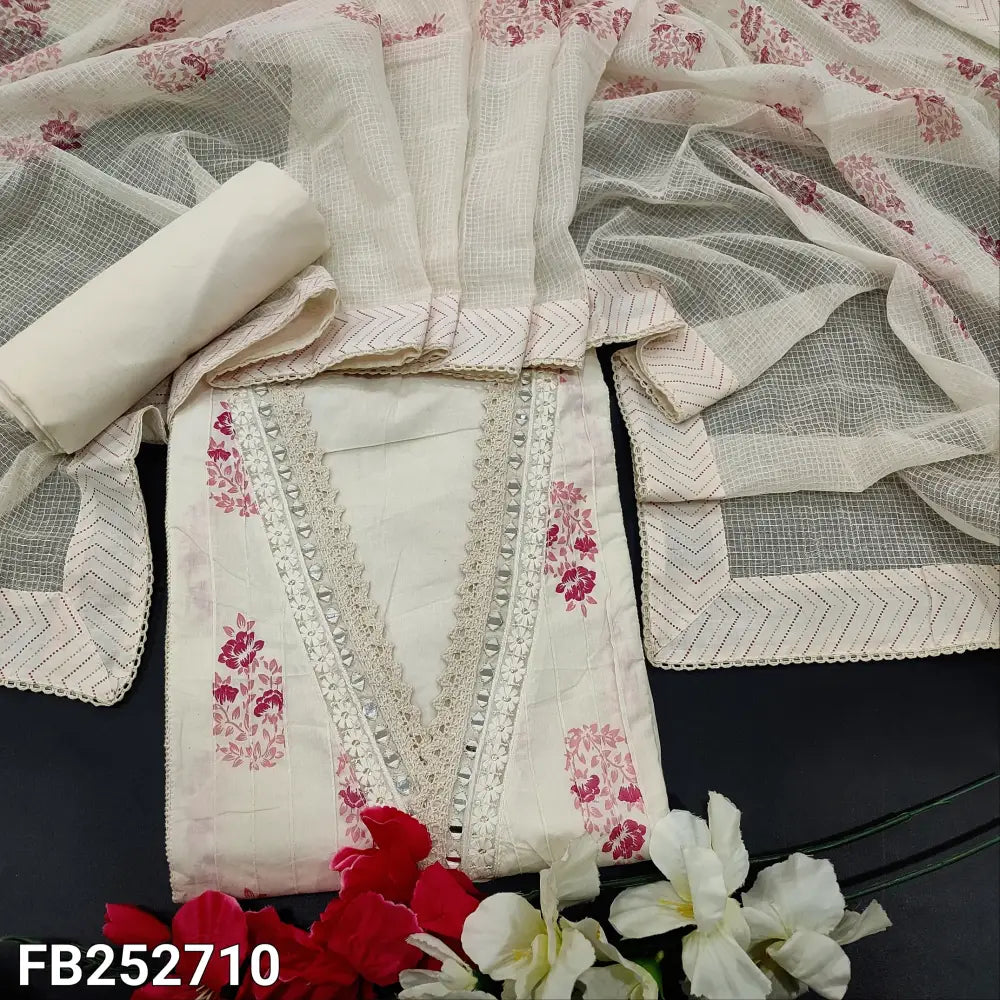 CODE FB252710: Half white PINK block printed premium cotton unstitched salwar material collared v neck with real mirror