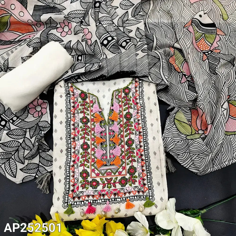 Half White Printed Linen Salwar Material with Embroidered Yoke- Neidhal