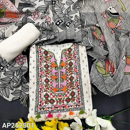 Half White Printed Linen Salwar Material with Embroidered Yoke- Neidhal