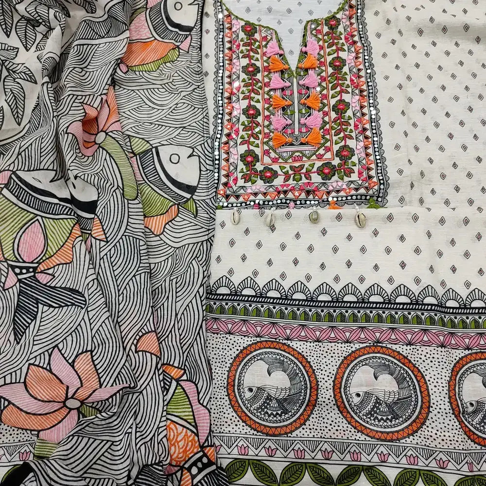 Half White Printed Linen Salwar Material with Embroidered Yoke- Neidhal