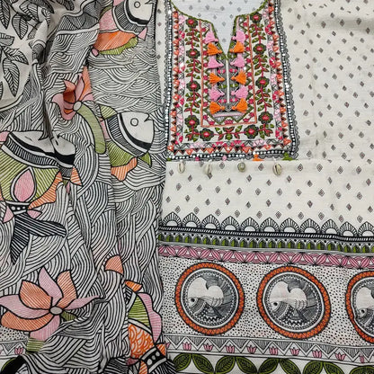 Half White Printed Linen Salwar Material with Embroidered Yoke- Neidhal