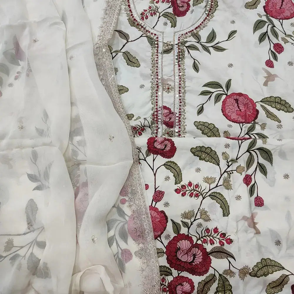 Half White Printed Maslin Silk Salwar Material Ap252208- Neidhal