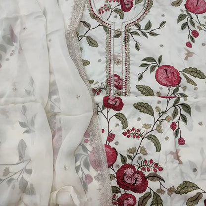 Half White Printed Maslin Silk Salwar Material Ap252208- Neidhal