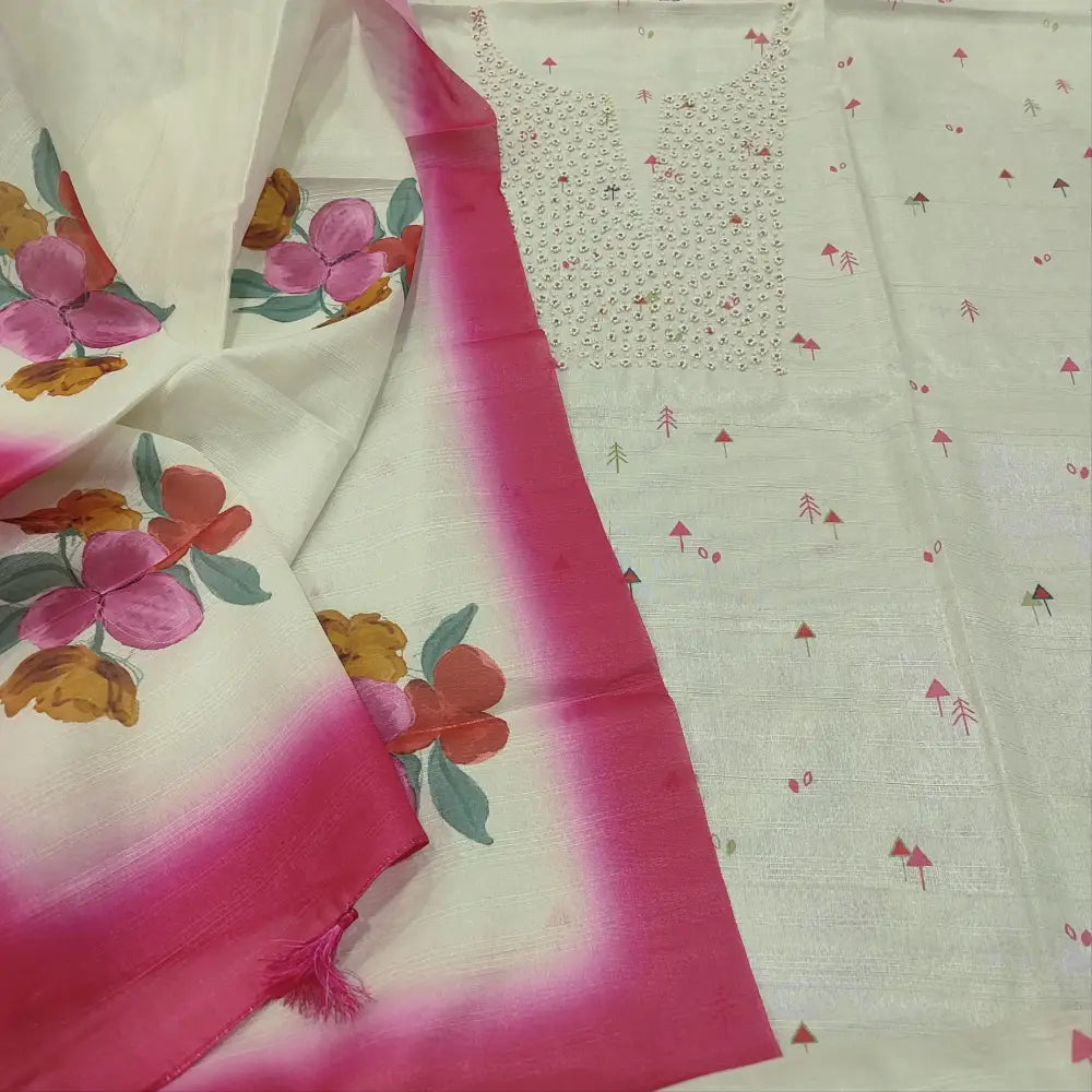 CODE FB250701: Half white printed textured silk cotton unstitched salwar material bead work on yoke(thin fabric lining