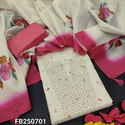 CODE FB250701: Half white printed textured silk cotton unstitched salwar material bead work on yoke(thin fabric lining