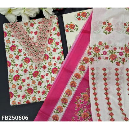 CODE FB250606: Half white base printed pure soft cotton unstitched salwar material v neck with embroidered(lining