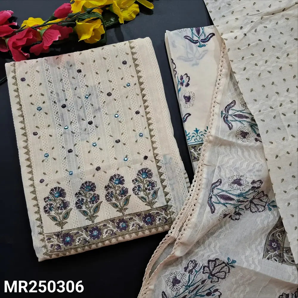 CODE MR250306: Half white base PURPLE block printed premium jakard cotton unstitched salwar material faux mirror work