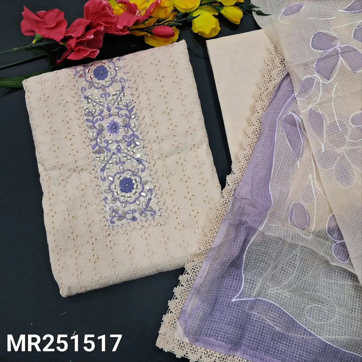 Half white schiffli embroidered cotton salwar material mr251517-Neidhal