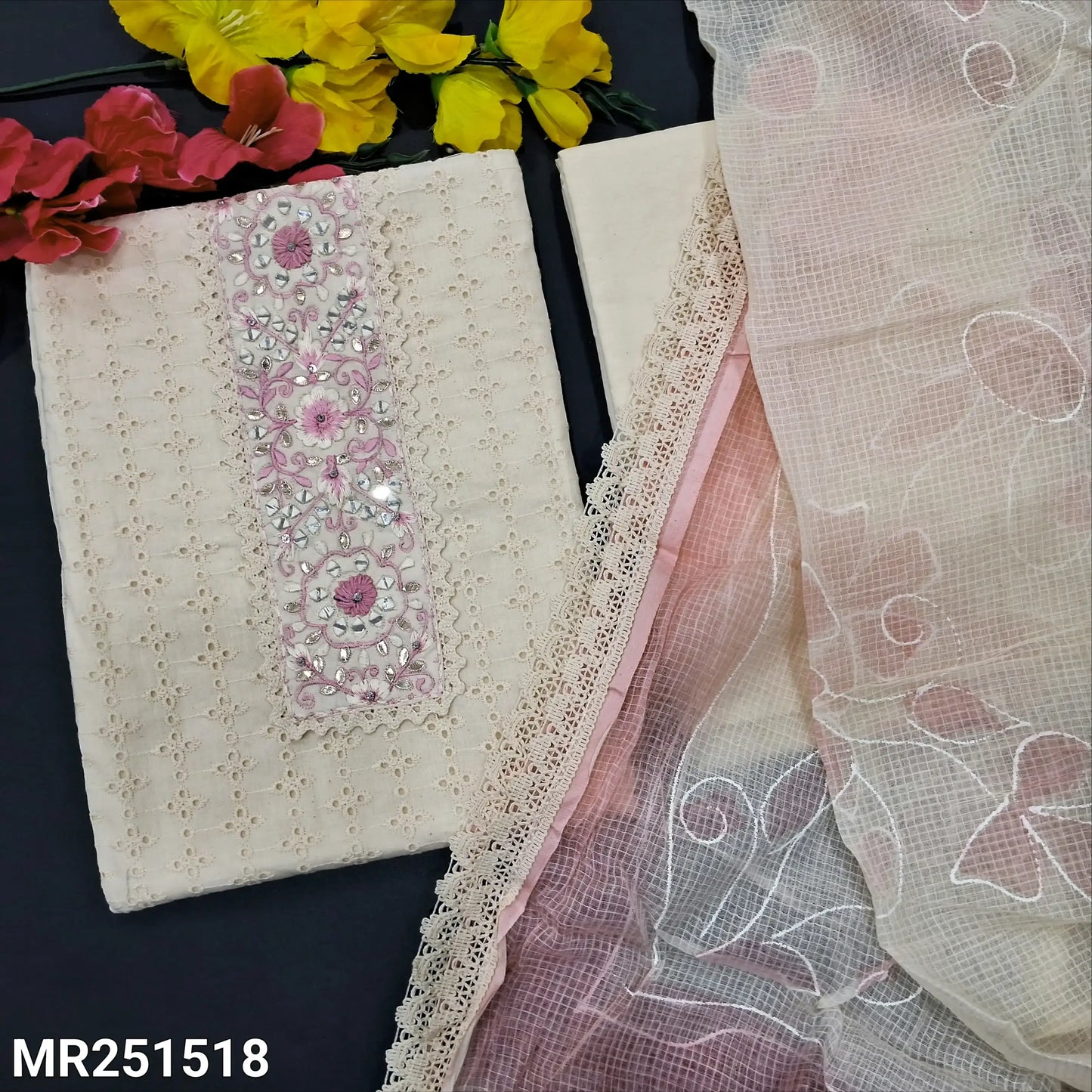 Half white schiffli embroidered cotton salwar material mr251518-Neidhal