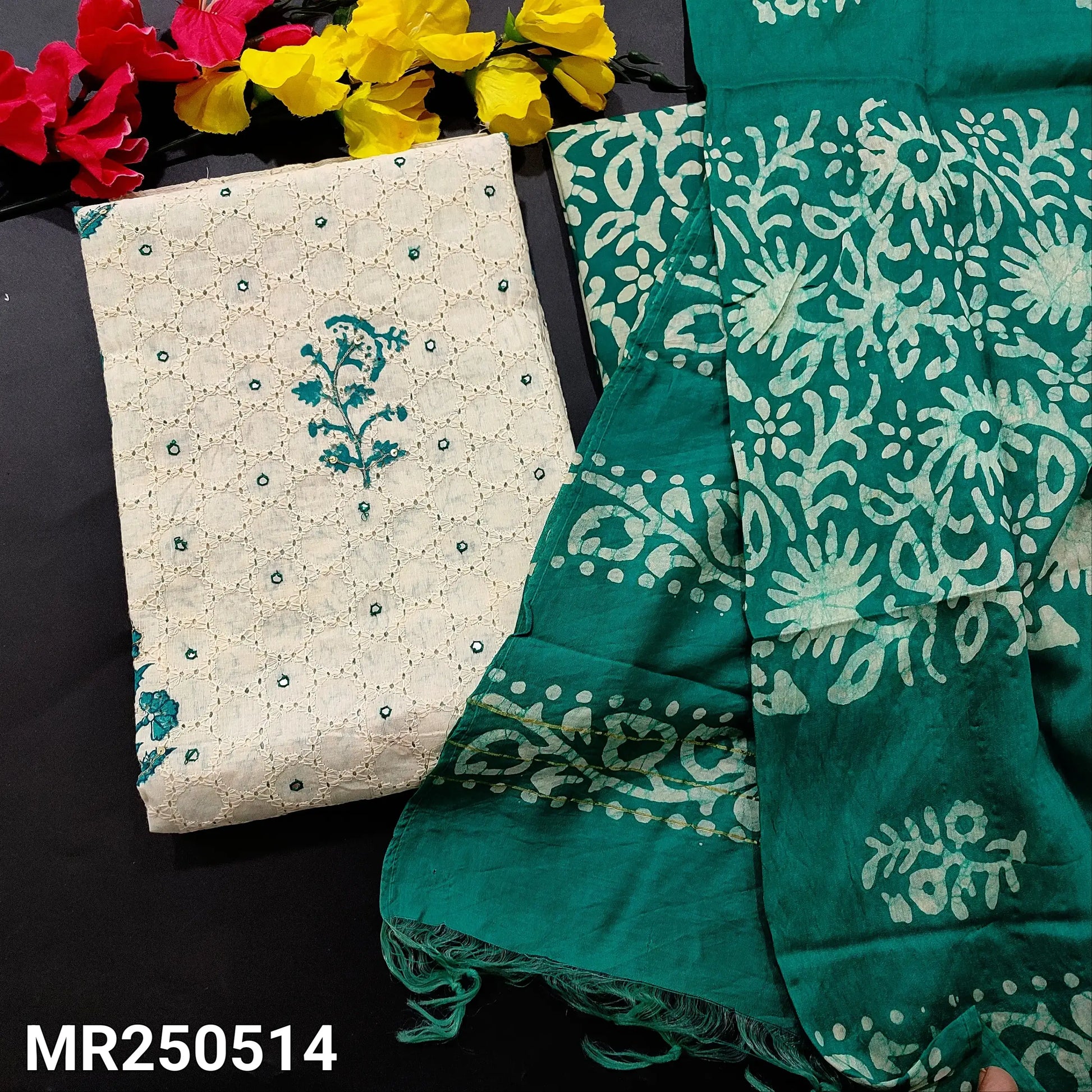 Half white schiffli embroidered cotton salwar material mr250514-Neidhal