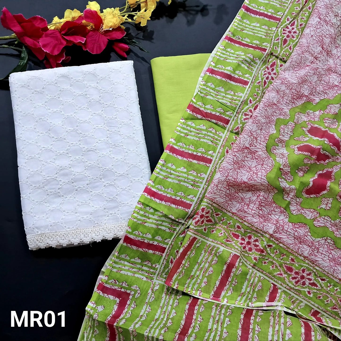 Half white schiffli embroidered silk cotton salwar material mr01-Neidhal