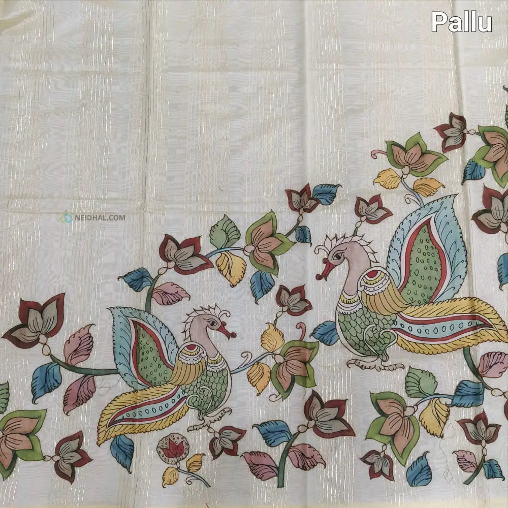 CODE NS08: Half white silk cotton saree(thin& light weight)art silk kalamkari applique work & zari lines all over