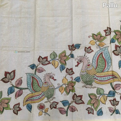 CODE NS08: Half white silk cotton saree(thin& light weight)art silk kalamkari applique work & zari lines all over