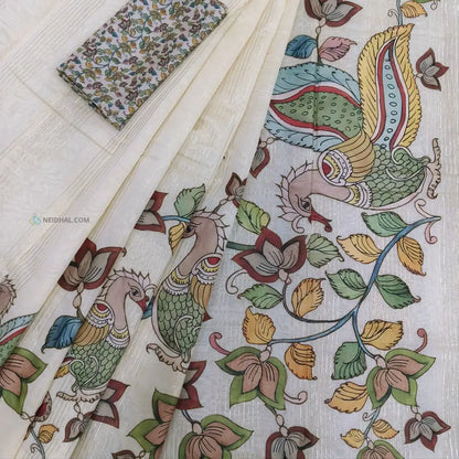 CODE NS08: Half white silk cotton saree(thin& light weight)art silk kalamkari applique work & zari lines all over