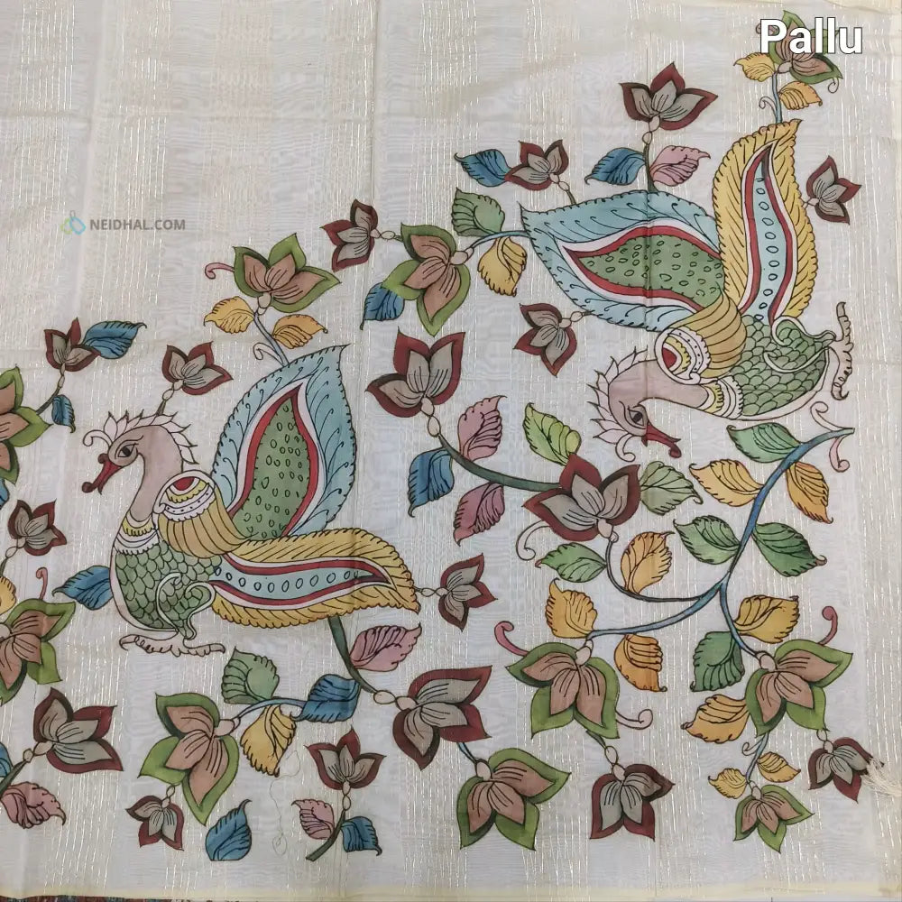 CODE NS08: Half white silk cotton saree(thin& light weight)art silk kalamkari applique work & zari lines all over