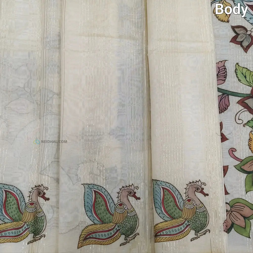 CODE NS08: Half white silk cotton saree(thin& light weight)art silk kalamkari applique work & zari lines all over