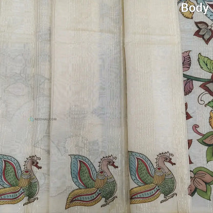 CODE NS08: Half white silk cotton saree(thin& light weight)art silk kalamkari applique work & zari lines all over