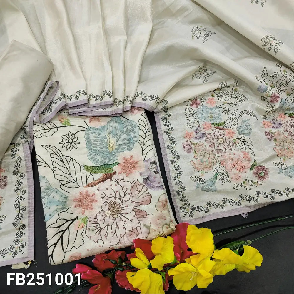 CODE FB251001: Half white tissue organza silk unstitched salwar material v neck hand work on yoke& front(lining