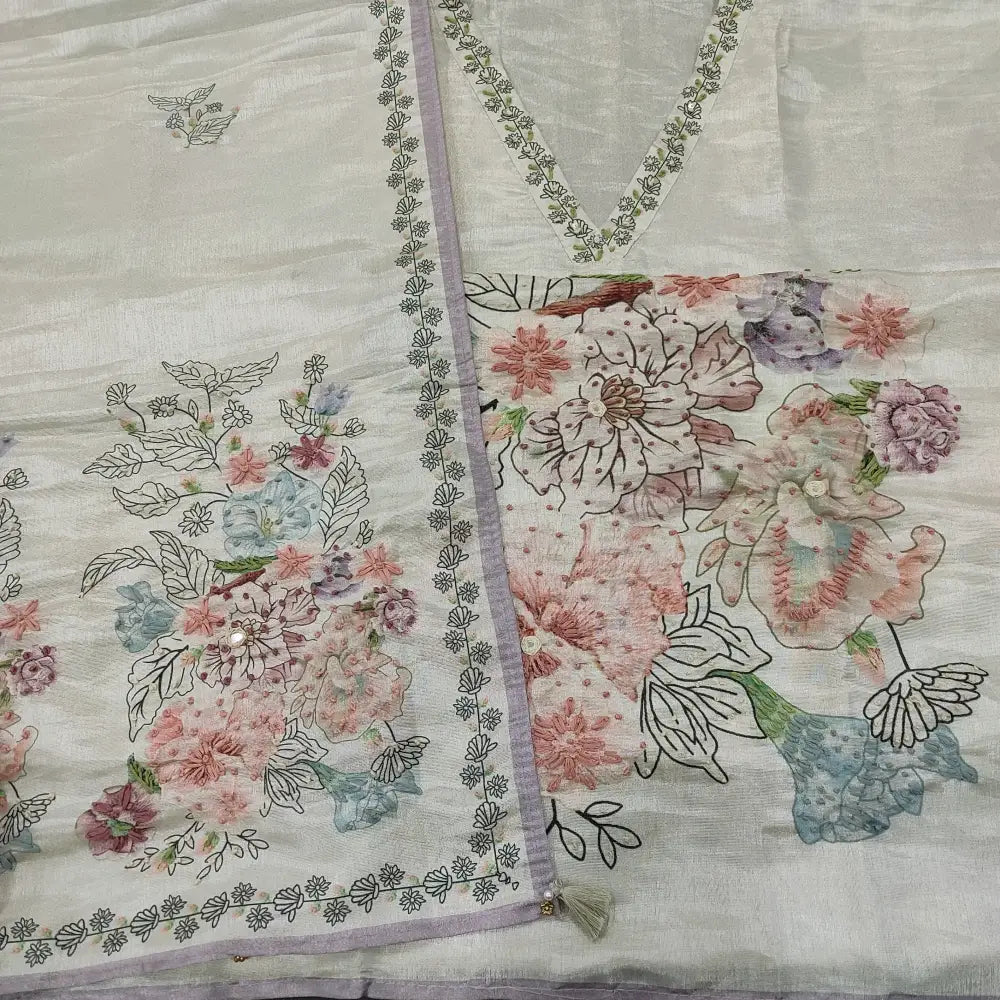 CODE FB251001: Half white tissue organza silk unstitched salwar material v neck hand work on yoke& front(lining