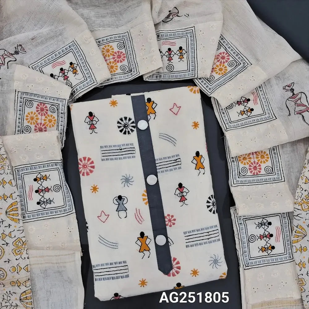 Half white warli embroidered pure cotton salwar material ag251805 Neidhal