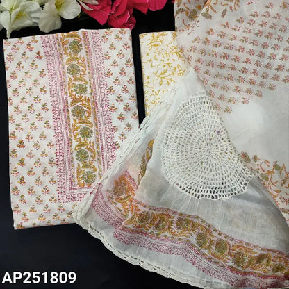 Half White Yellow Block Printed Cotton Salwar Material - Neidhal