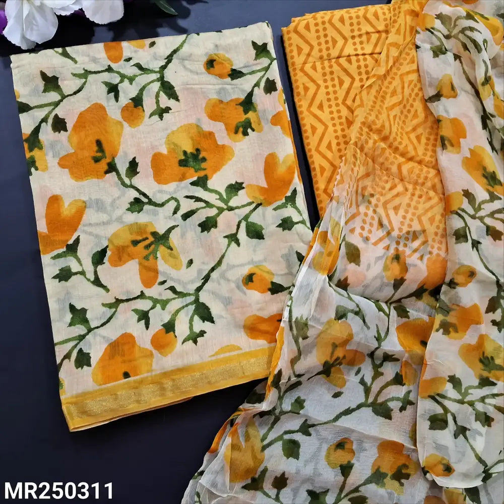 CODE MR250311: Half white base yellow floral printed pure chanderi silk cotton unstitched salwar material(thin fabric