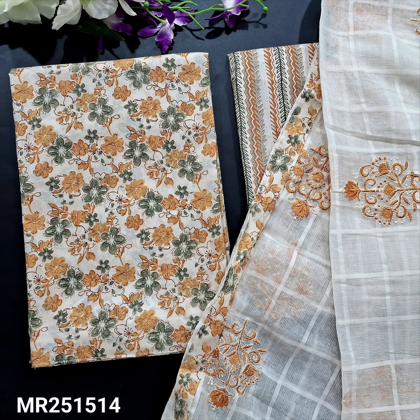 Half white yellow floral printed soft cotton salwar material mr251514-Neidhal
