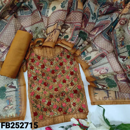 CODE FB252715: Honey brown digital printed silk cotton unstitched salwar material rich hand embroidered on yoke(thin