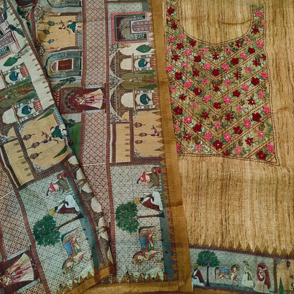 CODE FB252715: Honey brown digital printed silk cotton unstitched salwar material rich hand embroidered on yoke(thin