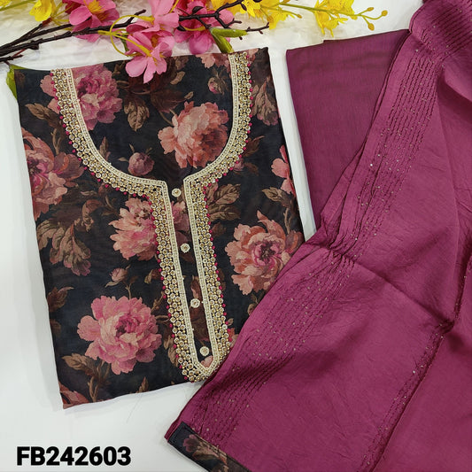 CODE FB242603 : Black base digital printed silk cotton unstitched salwar material,yoke with embroidery,bead and stone work(thin,lining needed)dark beetroot purple silk cotton bottom,soft silk cotton dupatta with thread and sequins work ,printed tapings.