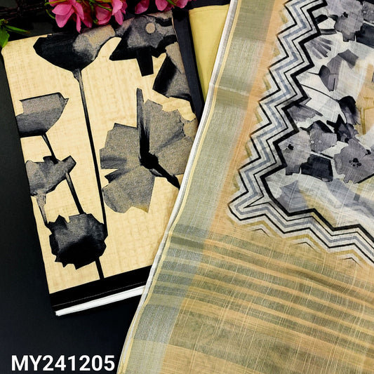 CODE MY241205 : Rich beige glazed silk cotton unstitched salwar material, abstract print all over(soft fabric, lining needed)printed on daman, matching santoon bottom, printed premium linen cotton dupatta with silver tissue zari borders.