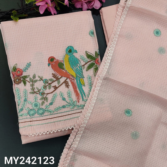 CODE MY242123 : Pastel pink fancy kota unstitched salwar material, embroidered& sequins work on front(thin fabric, lining needed)rich daman border with lace tapings, matching santoon bottom, fancy kota with embroidered& lace tapings.