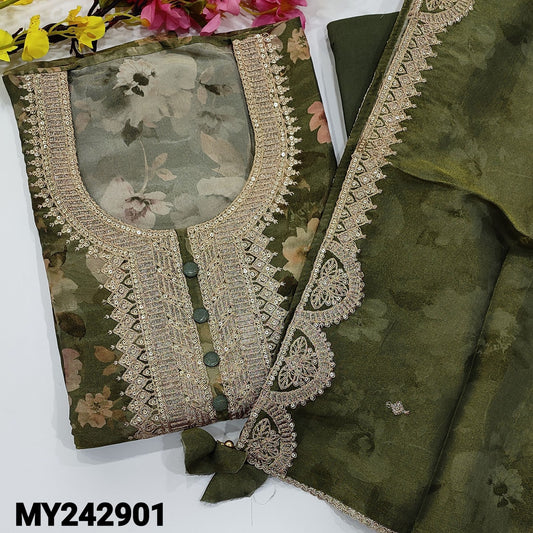 CODE MY242901 : Olive green with golden tint pure tissue organza silk unstitched salwar material, rich zari &sequins work on yoke, floral printed all over(thin, lining needed)matching santoon bottom, tissue organza silk dupatta with heavy zari work.