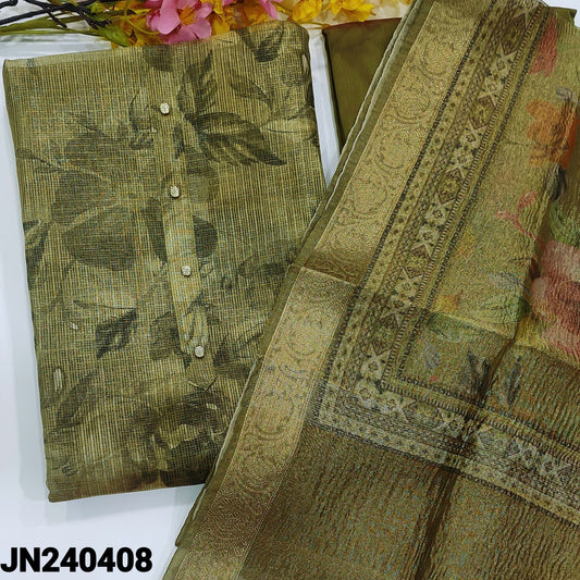 CODE JN240408 : Designer cardamom green with golden tint tissue kota silk cotton unstitched salwar material,buttons on yoke,floral printed all over(thin,lining needed)matching silk cotton bottom,crinkled tissue silk cotton dupatta with zari woven borders.