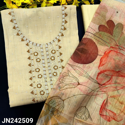 CODE JN242509 : Pastel yellow premium linen unstitched salwar material,zari buttas all over,thread & sequins work on yoke(soft,lining needed)matching silky bottom,semi linen floral printed dupatta with tissue borders.