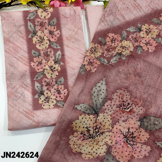 CODE JN242624 : Pastel pink designer pure linen unstitched salwar material, floral printed with thread work on yoke(thin fabric, lining needed)drum dyed cotton fabric provided for lining, NO BOTTOM, floral printed heavy thread worked linen dupatta.