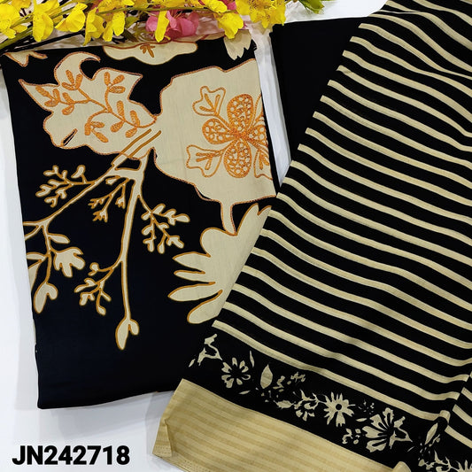 CODE JN242718 : Black floral printed satin cotton unstitched salwar material, thread work on front(lining optional)matching spun cotton bottom, soft mixed cotton dupatta with striped& floral printed.