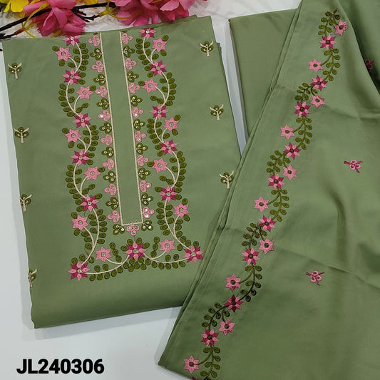 CODE JL240306 : Pastel green fancy silk cotton unstitched salwar material, thread& sequins work on yoke(lining optional)matching fancy silk cotton bottom, embroidered fancy silk cotton dupatta.