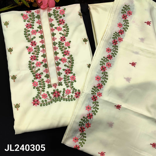 CODE JL240305 : Half white fancy silk cotton unstitched salwar material, thread& sequins work on yoke(lining optional)matching fancy silk cotton bottom, embroidered fancy silk cotton dupatta.