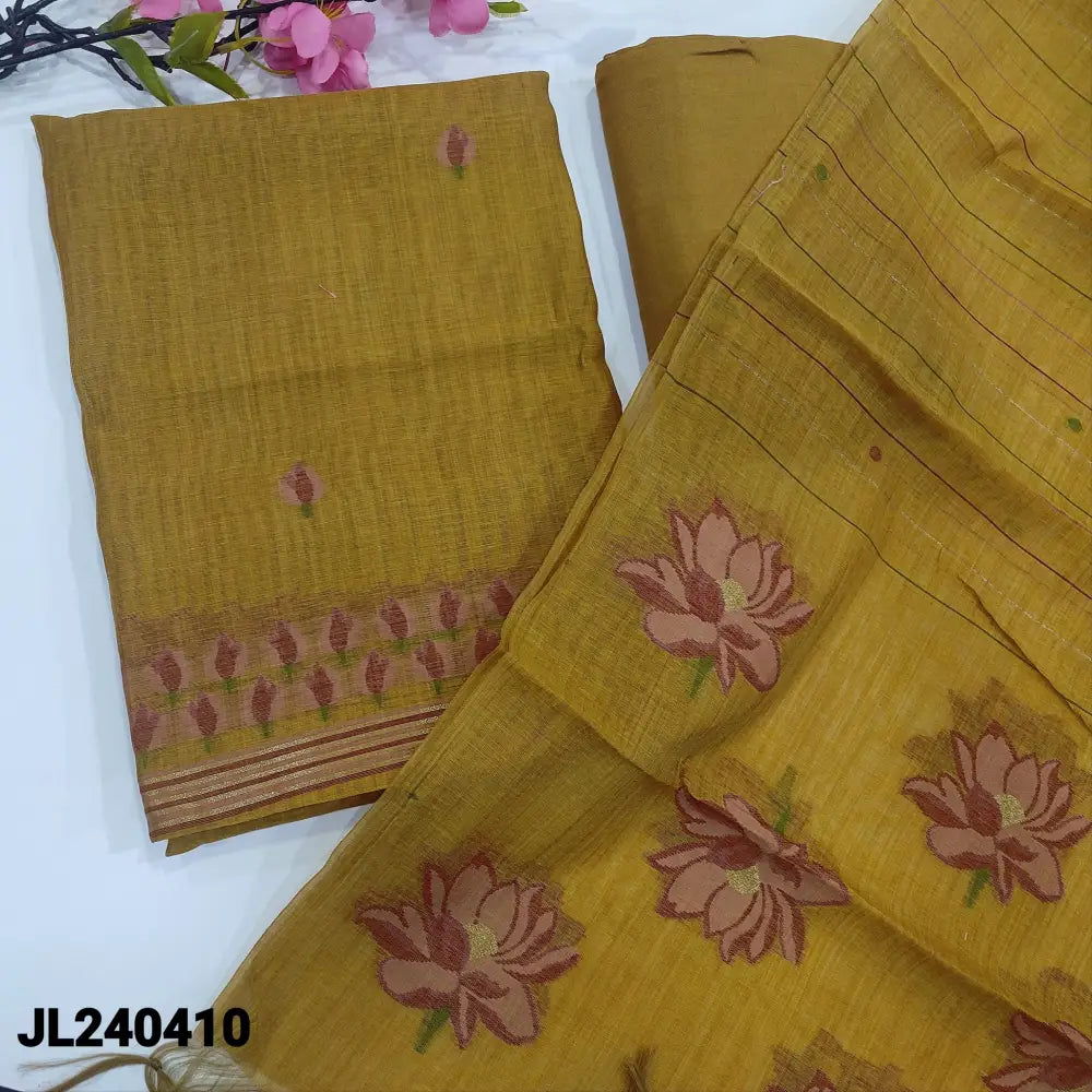 CODE JL240410: Mehandhi yellow premium silk cotton unstitched salwar material jamdani woven design on front(thin fabric