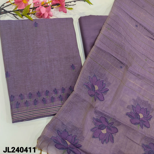 CODE JL240411 : Light purple premium silk cotton unstitched salwar material, jamdani woven design on front(thin fabric, lining needed)matching santoon bottom, premium silk cotton dupatta with jamdani weaving design with tassels.