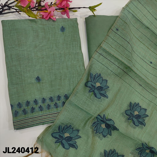 CODE JL240412 : Pastel blue premium silk cotton unstitched salwar material, jamdani woven design on front(thin fabric, lining needed)matching santoon bottom, premium silk cotton dupatta with jamdani weaving design with tassels.