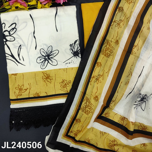 CODE JL240506 : Half white base floral printed soft cotton unstitched salwar material, faux mirror work on front(thin fabric, lining needed)lace work on daman, pastel yellow soft cotton bottom, printed pure soft cotton dupatta.