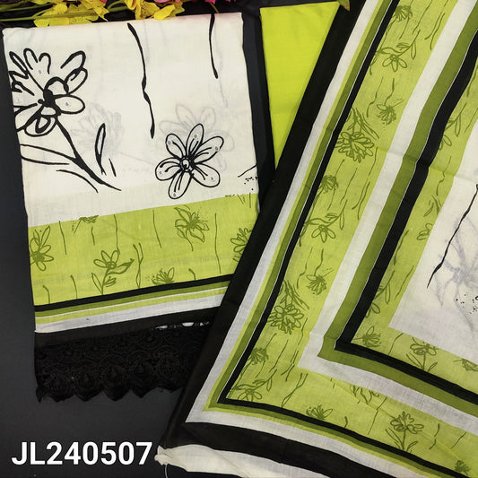 CODE JL240507 : Half white base floral printed soft cotton unstitched salwar material, faux mirror work on front(thin fabric, lining needed)lace work on daman, light green soft cotton bottom, printed pure soft cotton dupatta.