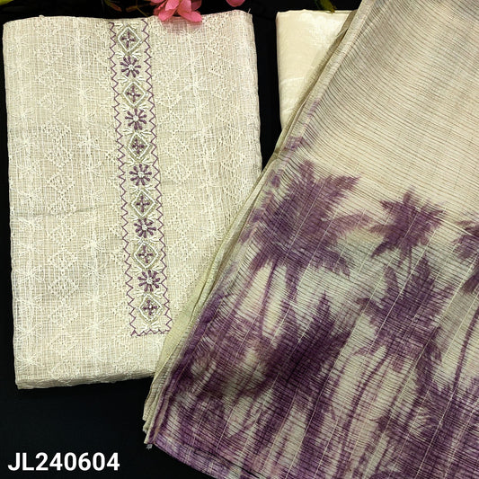 CODE JL240604 : Half white kota unstitched salwar material, purple shade thread& bead work on yoke, embroidered on front(thin, lining needed)matching silky fabric provided for both bottom& lining, printed fancy silk cotton dupatta with silver zari line.