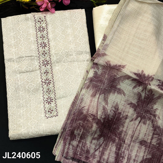 CODE JL240605 : Half white kota unstitched salwar material, Mauve shade thread& bead work on yoke, embroidered on front(thin, lining needed)matching silky fabric provided for both bottom& lining, printed fancy silk cotton dupatta with silver zari line.