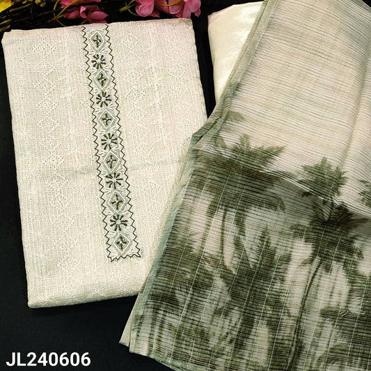 CODE JL240606 : Half white kota unstitched salwar material,light olive green thread&bead work on yoke,embroidered on front(thin, lining needed)matching silky fabric provided for both bottom& lining, printed fancy silk cotton dupatta with silver zari line.